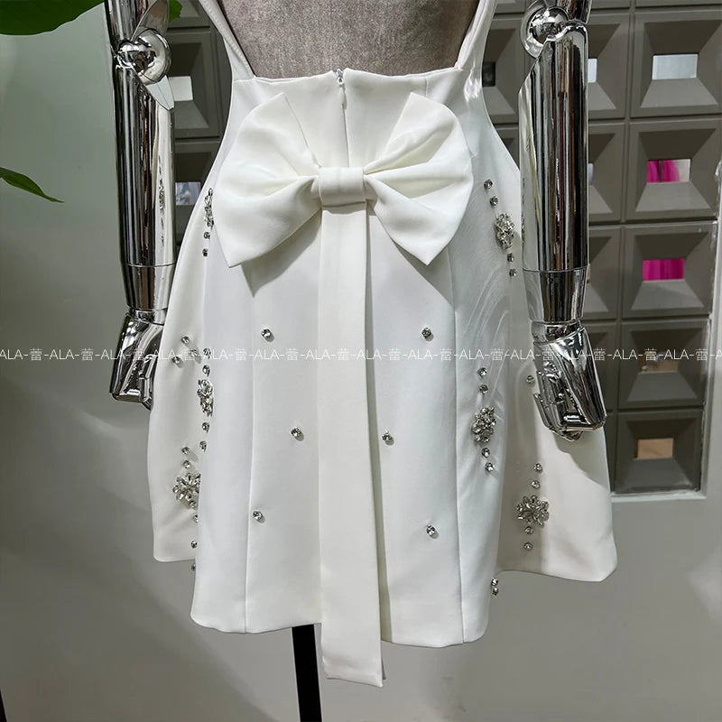 High-end Light Luxury Party Dress 2025 Summer Clothes New Heavy Industry Diamond Square Collar Waist Halter Bow Short Dress