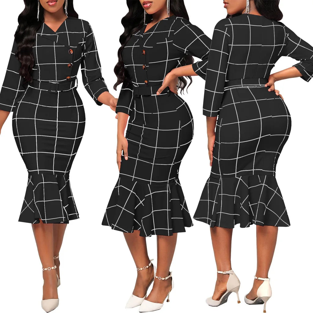 Sexy fashion solid color seven-quarter sleeve small V-neck women's dress SMR12189