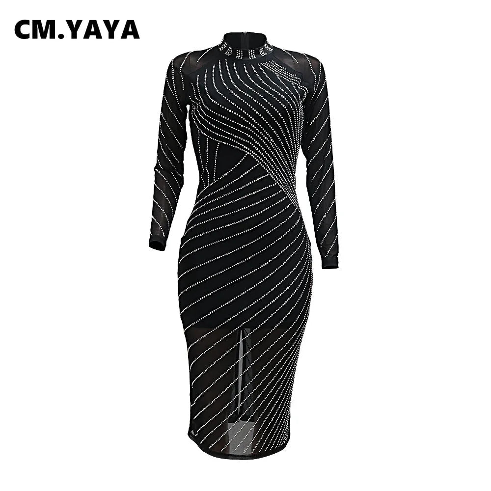 CM.YAYA Women Diamonds Hot Rhinestones Long Sleeve Bodycon Midi Dress 2024 Fall O-neck Evening Club Sexy Party Dresses Vestidos