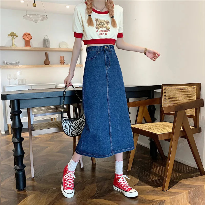 New 2022 Spring-Autumn Medium-Length Denim Skirt For Women High-Waisted Slimming Plus Size Curvy Girls A- Line Hip Covering Skir
