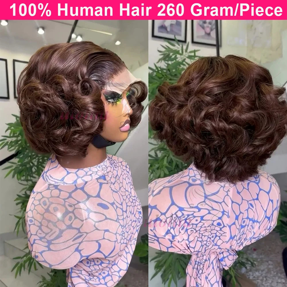 100% Raw Indian Virgin Hair Bouncy Wave 4x4 HD Lace Closure Wigs Wear and Go Ombre Chocolate brown #4 Bouncy Curly Glueless Wigs