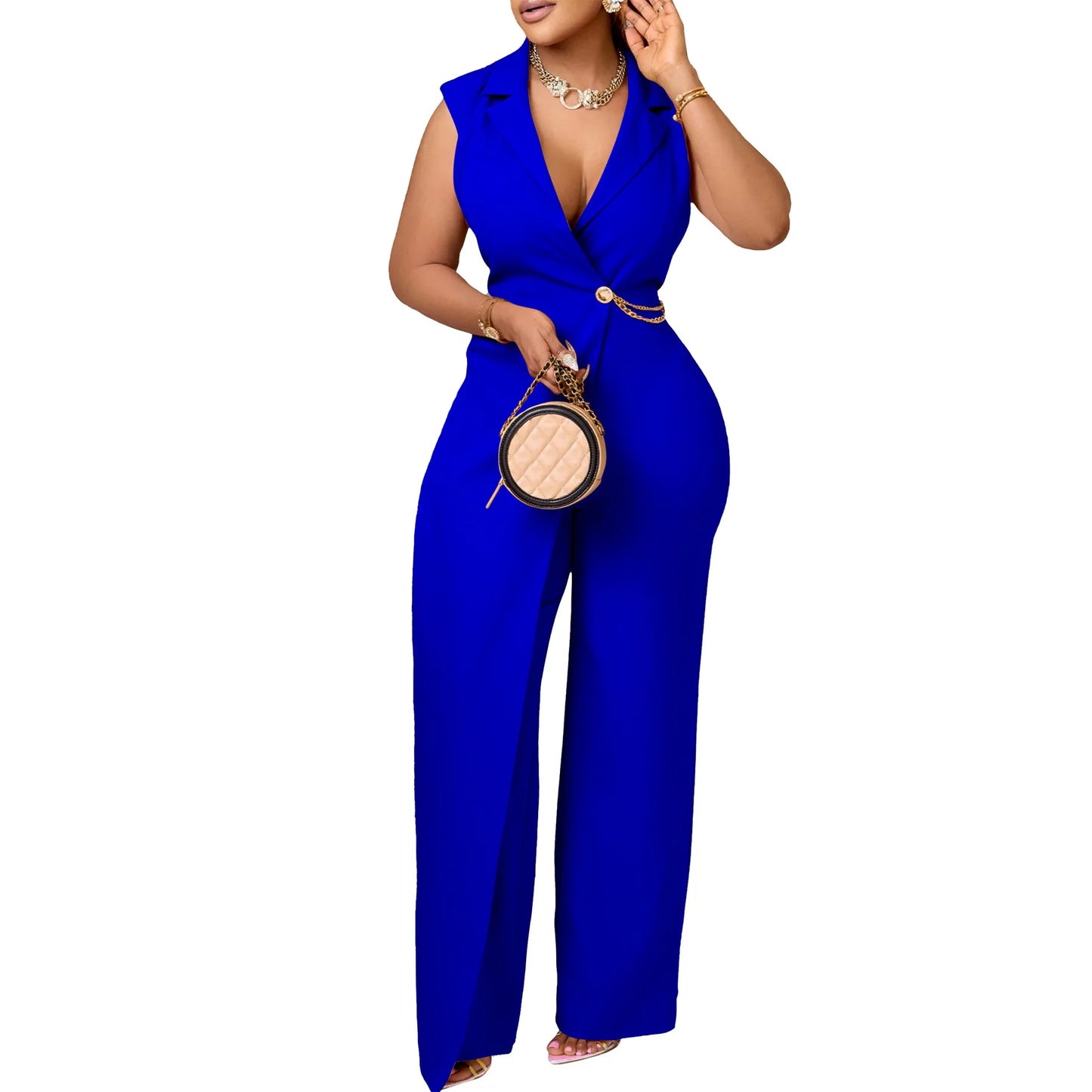 CM.YAYA Women Wide Leg V-Neck Sleeveless Jumpsuits Waist Chain 2024 Summer OL Beach Night Club Playsuit One Piece Suit Romper