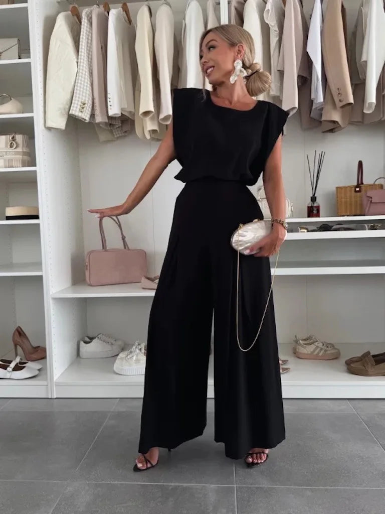 Women's Casual 2-Piece Set Crew Neck Sleeveless Top Wide Leg Pants Set Summer Casual Loungewear Outfit for Travel Vacation