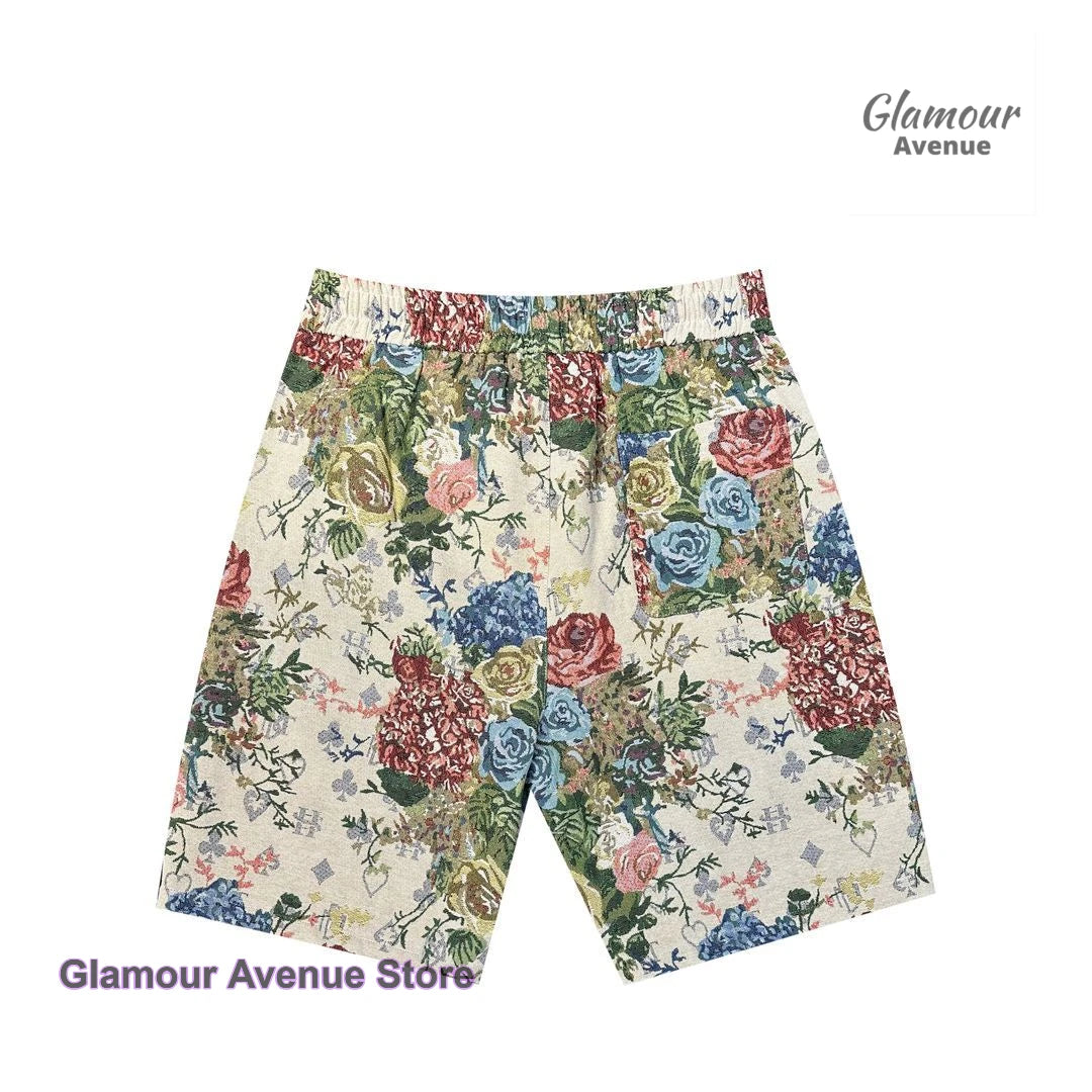 Korean retro painted rose flower shorts women's summer new fashion personalized beach pants fashion printed casual pants.