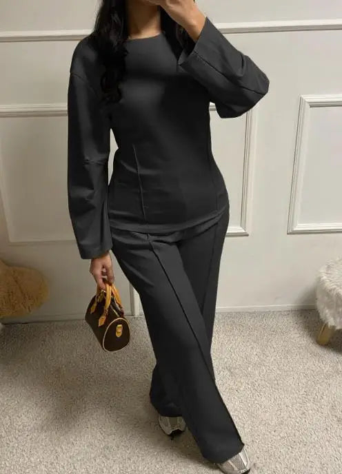 Autumn Casual Loose 2-Piece Set of Solid Color Round Neck Pit Stripe Spliced Top and High Waisted Straight Leg Pants Set