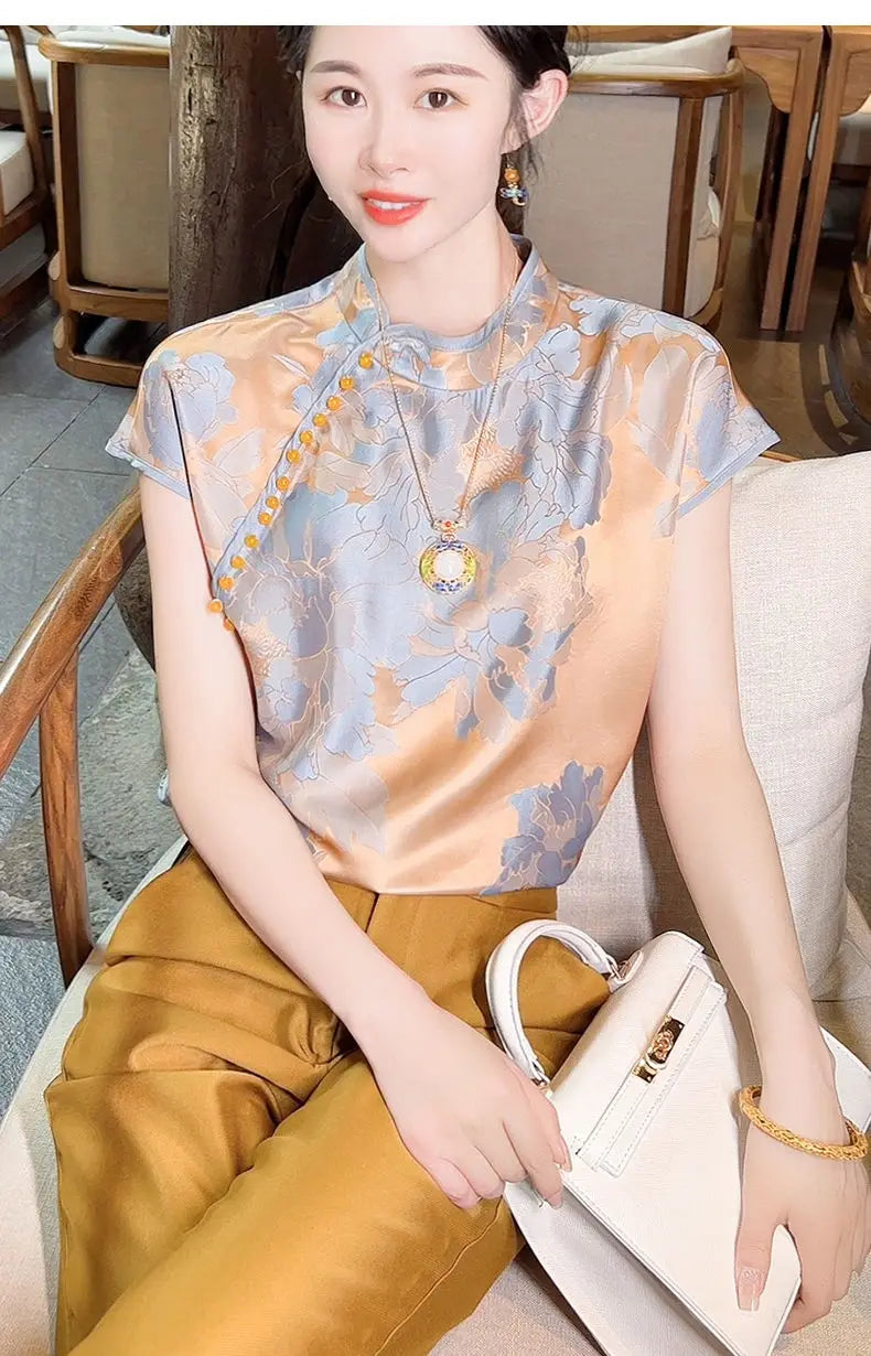 Chinese Inspired Floral Jacquard Satin Blouse For Women