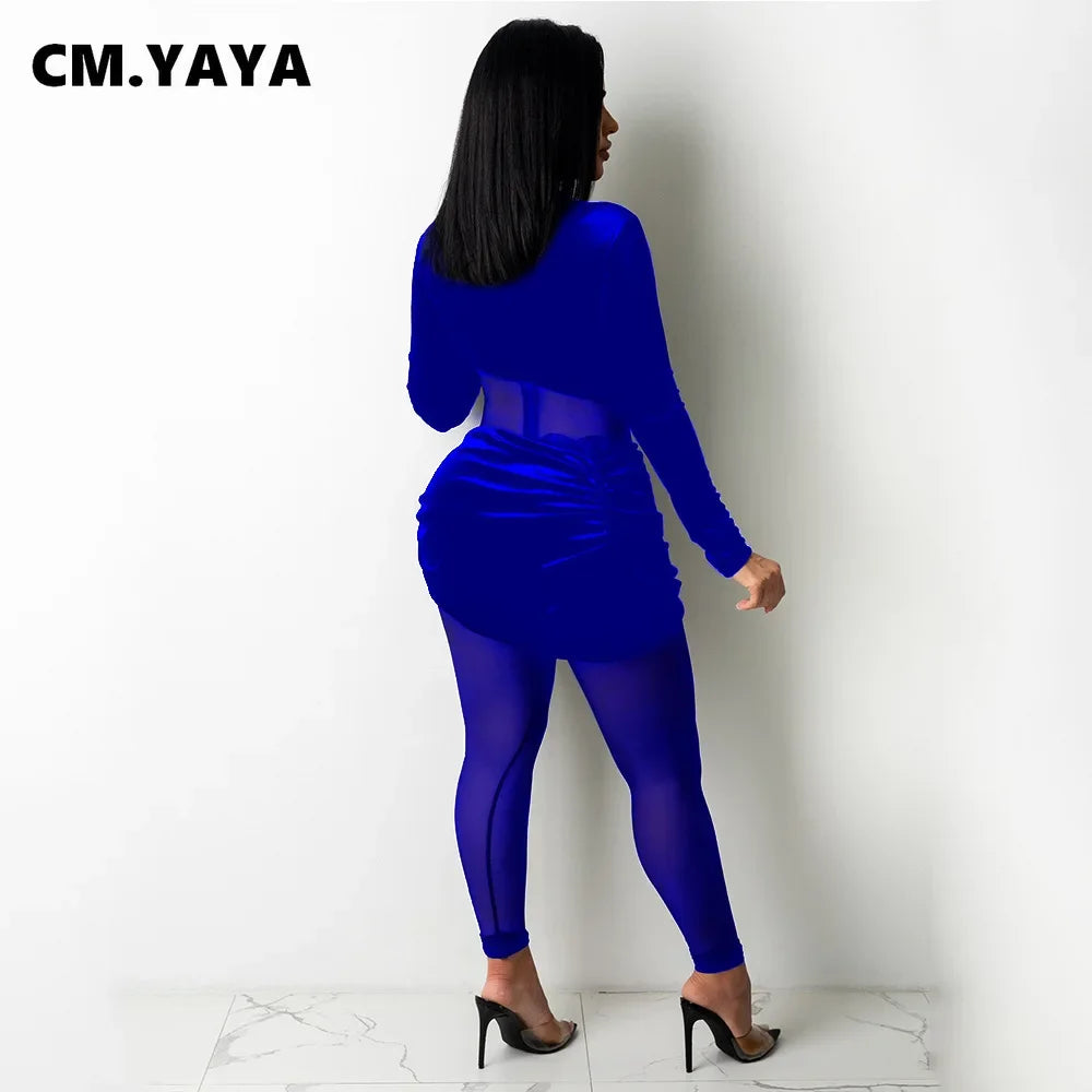 CM.YAYA Autumn Winter Women Long Sleeve Velvet Mesh Patchwork Jumpsuit Vintage Sexy Night Party Club One Piece Romper Playsuit