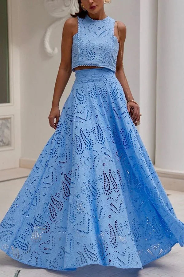 Women Hollow Out Sleeveless Embroidery Two-Piece Set 2025 O-Neck Blouse + Lace Pockets Skirt beach New Two Piece Set