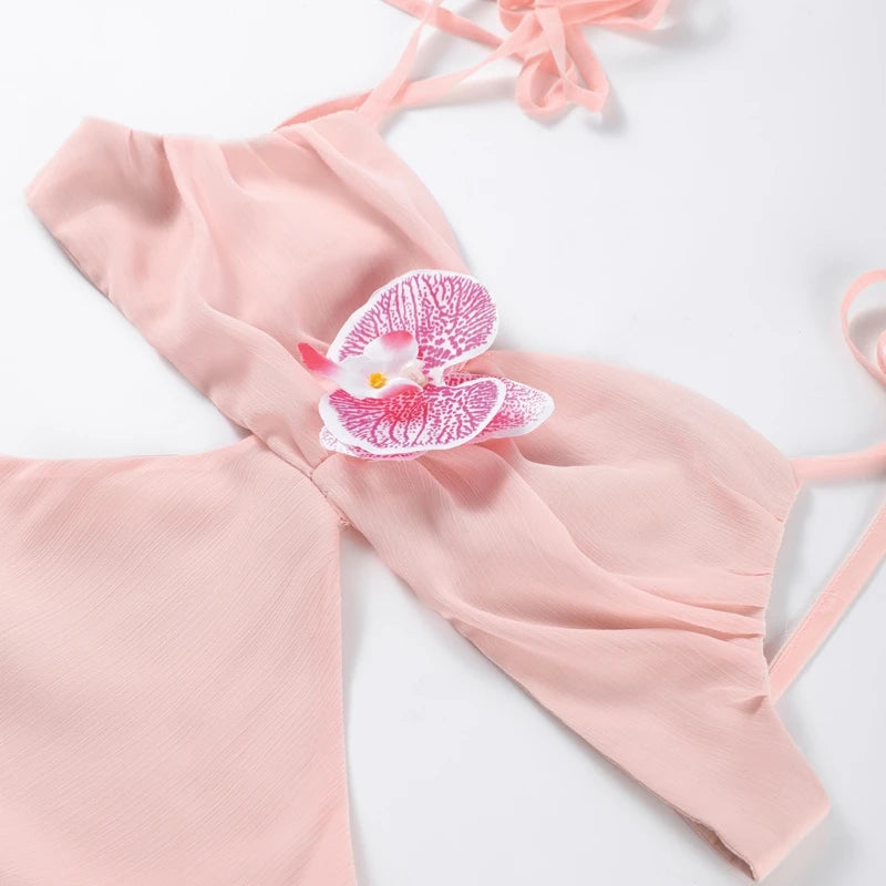 Sweet Pink Bikini Skinny Sling Dress 3d Flower Backless Sleeveless Women's Patchwork Pleated Robe 2025 Summer Female Party Gown