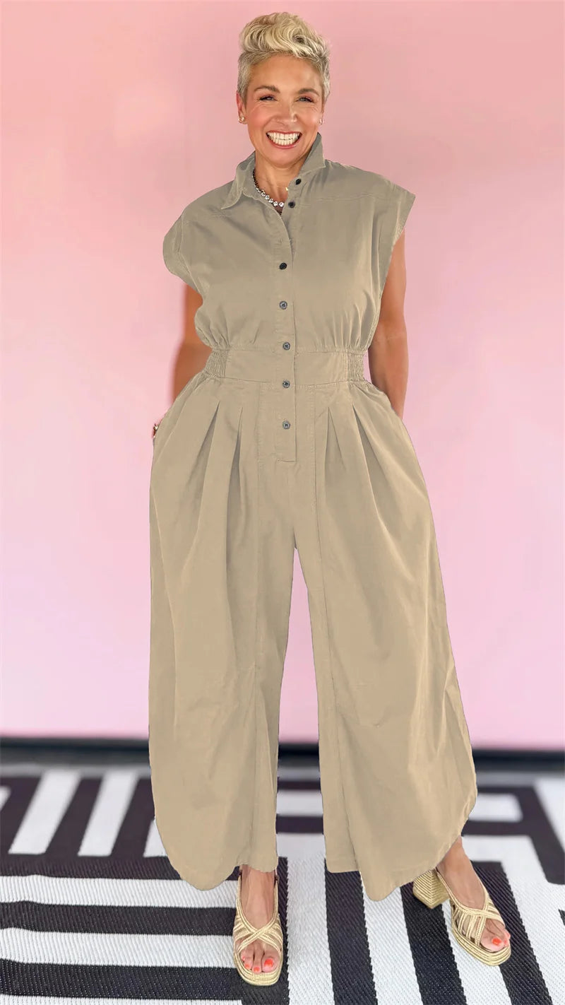 Doyerl Solid Casual Summer Jumpsuit Woman Clothing Turn-down Collar Button Up Sleeveless Loose Rompers One Piece Overalls 2025