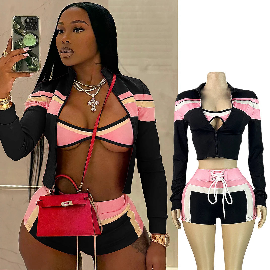 FAGADOER Sexy Sport 3 Pieces Set for Woman Color Block Long Sleeves Jacket + Tanks Top and Shorts Matching Female Beach Swimsuit