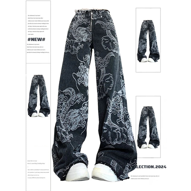Women Black Gothic Dragon Print Jeans Baggy Vintage Aesthetic Cowboy Pants Harajuku Denim Trousers Y2k Trashy 2000s Clothes 2024