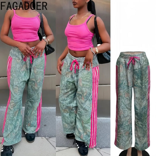 HLJ Fashion Camouflage Print Straight Leg Pants Women Stripe Drawstring Patchwork Pants Casual Female Streetwear Bottoms 2025