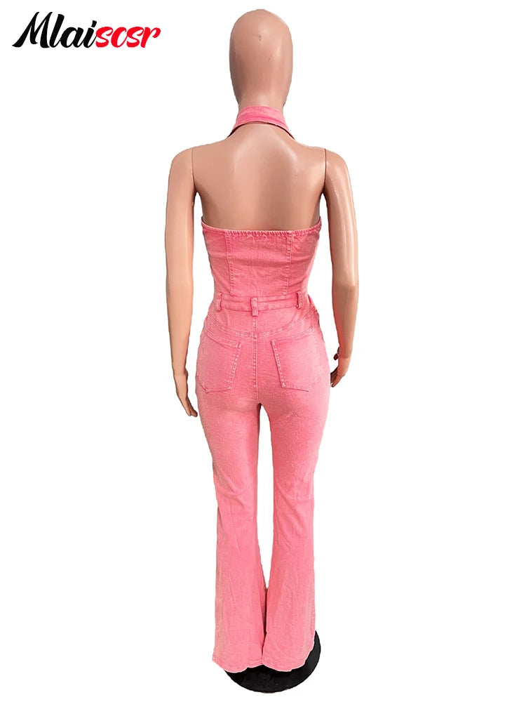 Mlaiscsr Women Pink Stretch Denim Jumpsuit Halter Sleeveless Backless One Pieces Wide Leg Overalls Flare Pants Jeans Rompers New