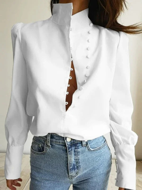 2025 New Chinese Style Shirt Top Solid Color Stand Collar Long Sleeve Loose Fit T-shirt Commuter Female Buttoned Blouse