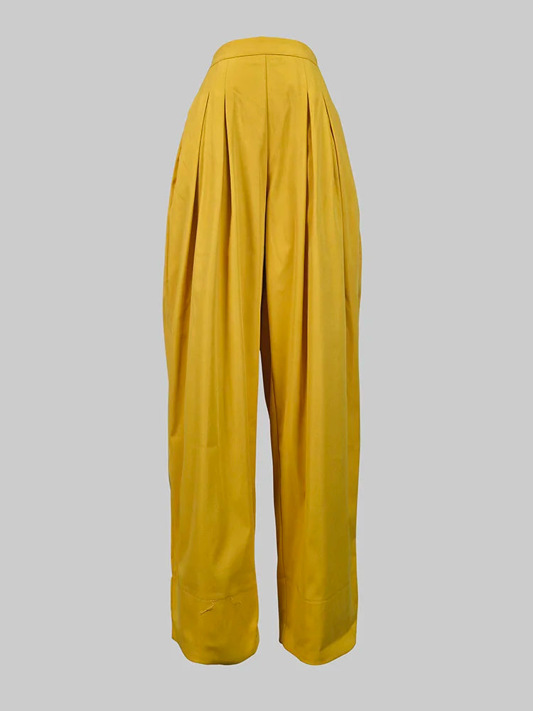 Beautyblue Elegant Women's Coats&Pants Yellow Pant Sets New Casual Buttoned Pleated Lapel Blazer Blouses Pockets Trousers Female