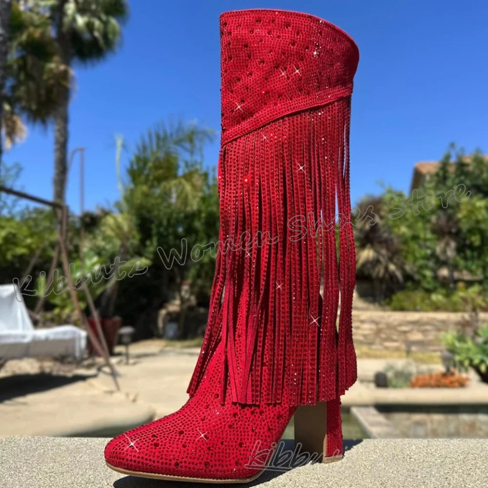 Crystal Knee High Boots Glossy Pointy Chunky Heels Luxury Novelty Elegant Concise Sexy Fashion Luxury Women Shoes Newest Slip-On