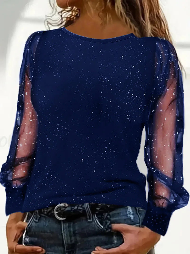 Fashion Blouse Women Glitter Puff Sleeve Sheer Mesh Print Elegant Long Sleeve Office Shirt 2025 Blouses Spring Ladies Casual Top
