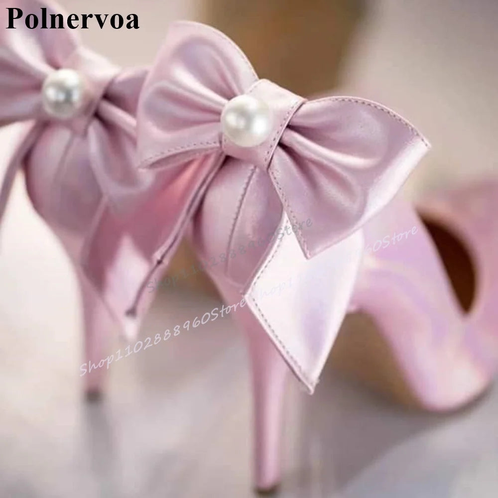 Pink Bowknot Pearl Decoration Shallow Pumps Thin High Heel Shoes For Women Slip On Pointed Toe 2025 Fashion Zapatos Para Mujere