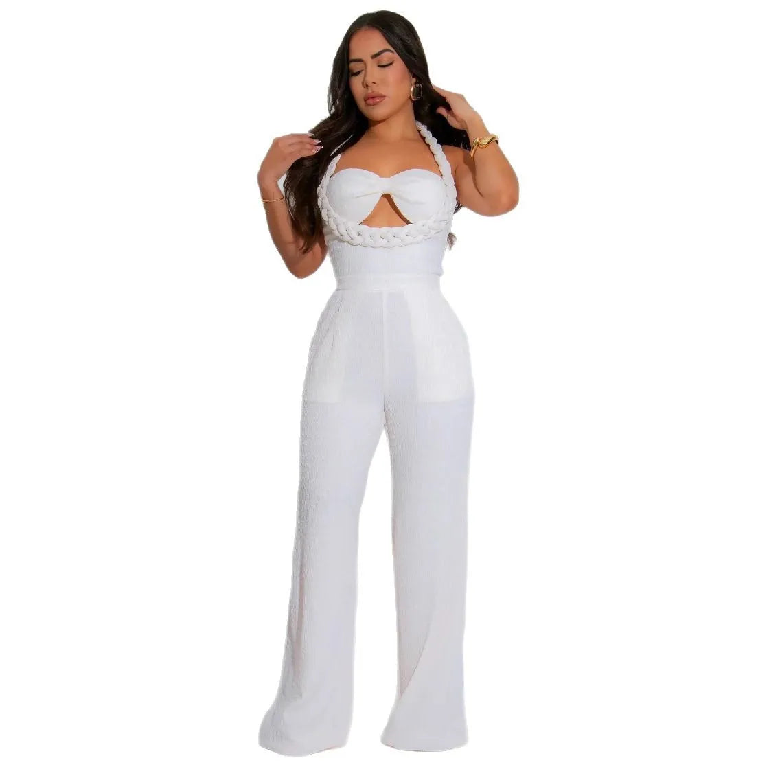 CM.YAYA Women Weave Halter Neck Backless Wide Leg Jumpsuit 2025 Chic Summer Sexy Party Club Night One Piece Suit Playsuit Romper