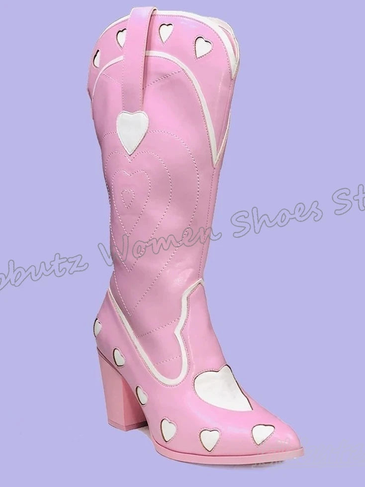 Hearts Cowboy Knee High Boots Slip-On Fashion Novelty Sexy Elegant Concise Novelty Leather Women Shoes Pointy Chunky Heels New