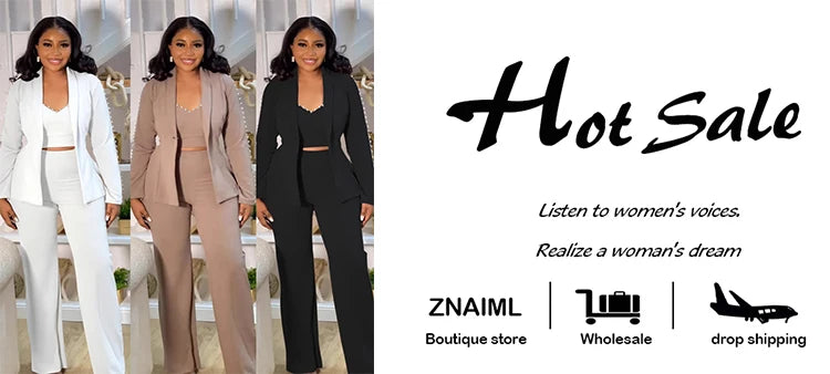 Znaiml Elegant Office Lady Pearl Patchwork 3 Pieces Set Woman‘s Long Sleeves Coat + Vest + Straight Pants Work Matching Outfits