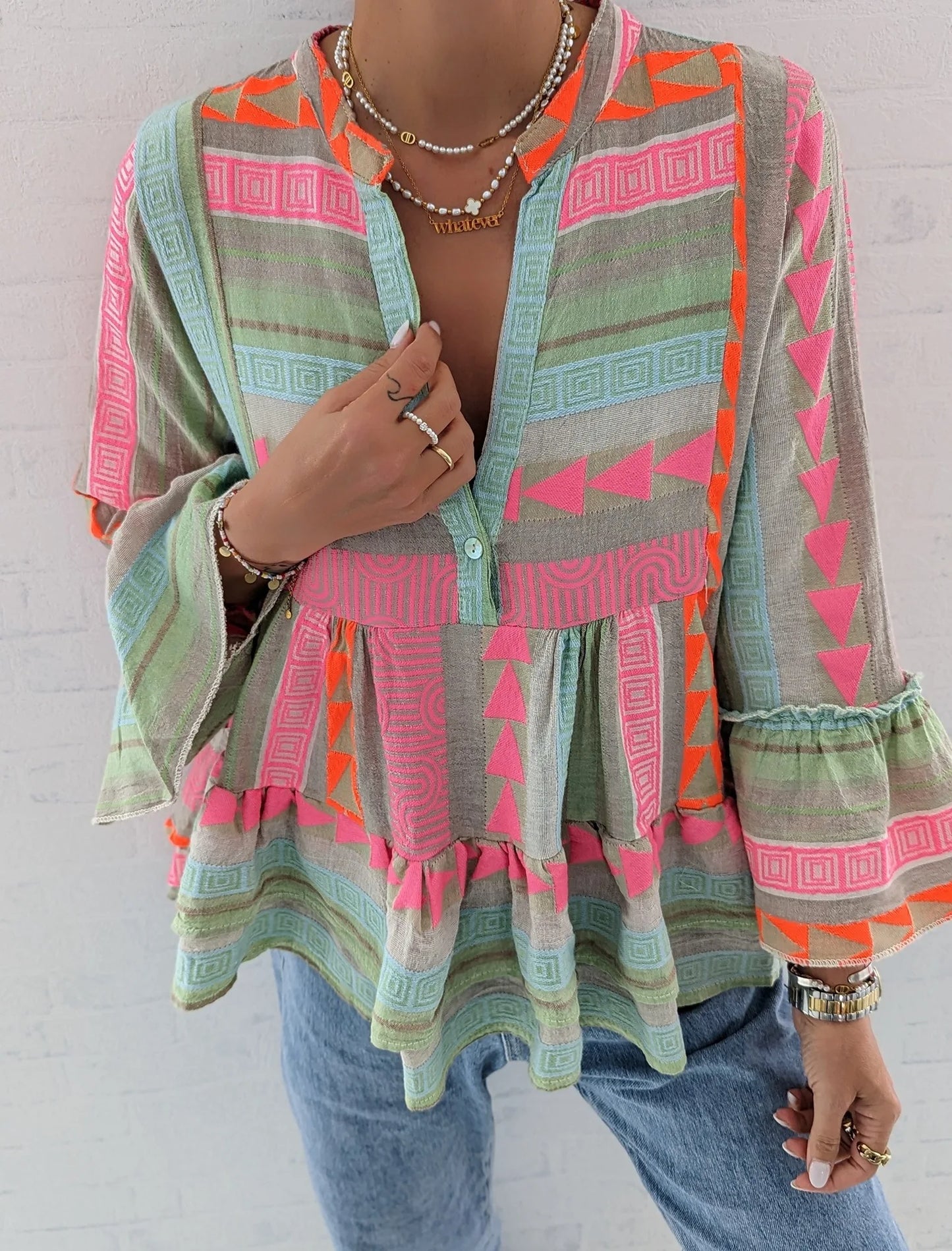 Floral Print V Neck Three Quarter Sleeve Pullover Dress For Women