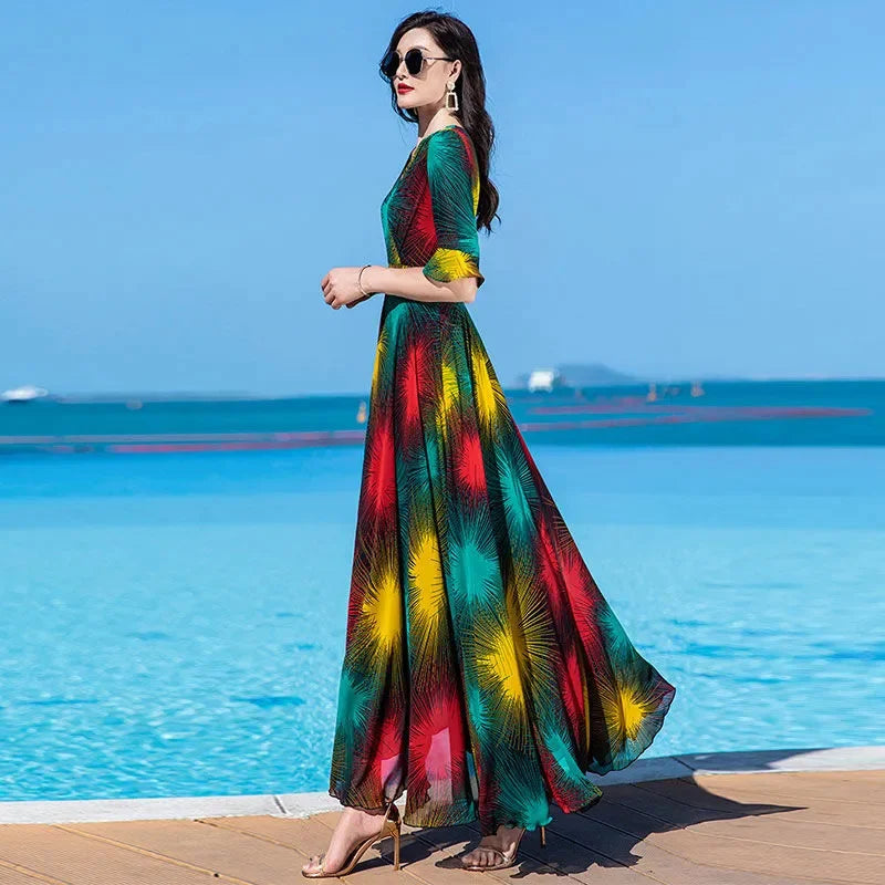 Floral Dress 4XL Women's 2025 Summer Chiffon V-Neck Dress High end Style Celebrity Splice A-line Skirt for Women Elegant Mujer