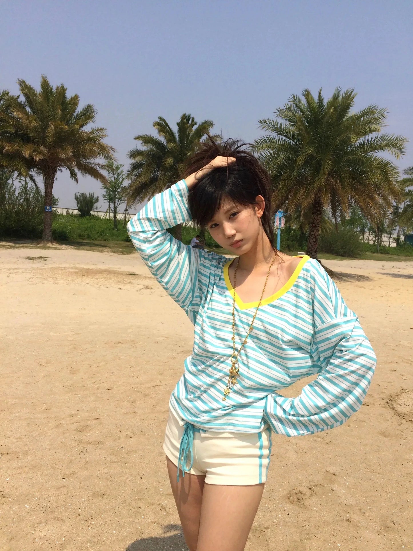 Karrram Japanese Y2k Blue Striped T-shirt Korean 2000s Style V-neck Long Sleeve T Shirt Vintage Harajuku Off Shoulder Loose Tops