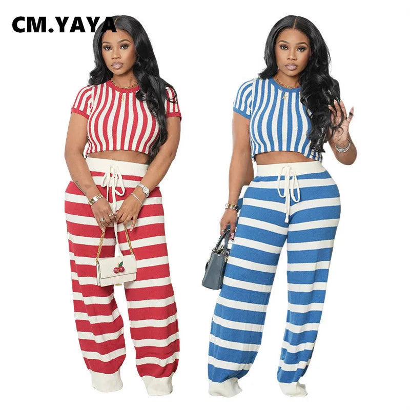 CM.YAYA Women's Set Short Sleeve Striped T-shirt + Wide Leg Pants Active Fitness Streetwear Two 2 Piece Sets Outfits Tracksuit
