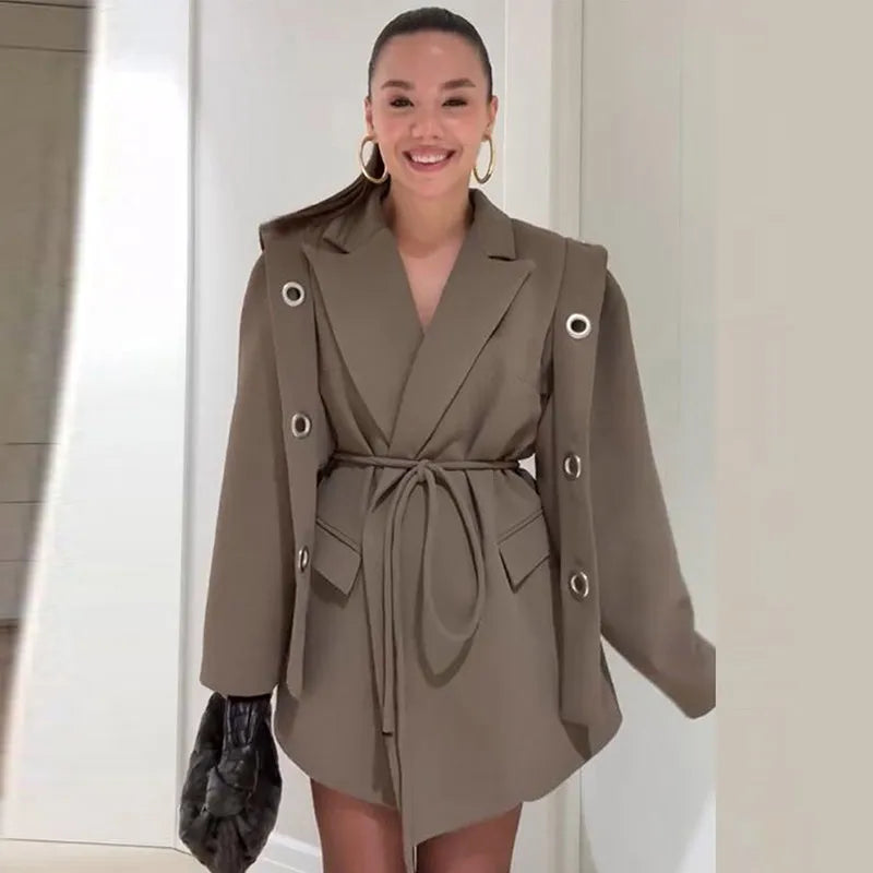 Vintage Tie Up Women 's Coats Elegant Laple Full Sleeve Pockets Hollow Out Blazer Female 2025 Autumn Winter Fashion Streetwears