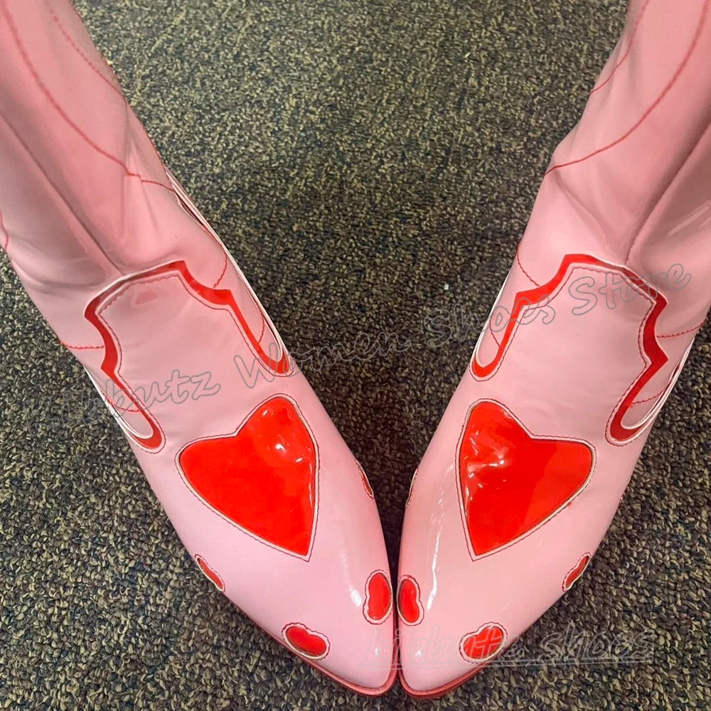 Hearts Cowboy Knee High Boots Slip-On Fashion Novelty Sexy Elegant Concise Novelty Leather Women Shoes Pointy Chunky Heels New