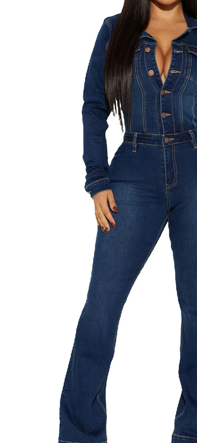 Women Fashion Solid Color Lapel Single-breasted Slim-fit Waist Long-sleeved Denim Jumpsuit Overall Pants