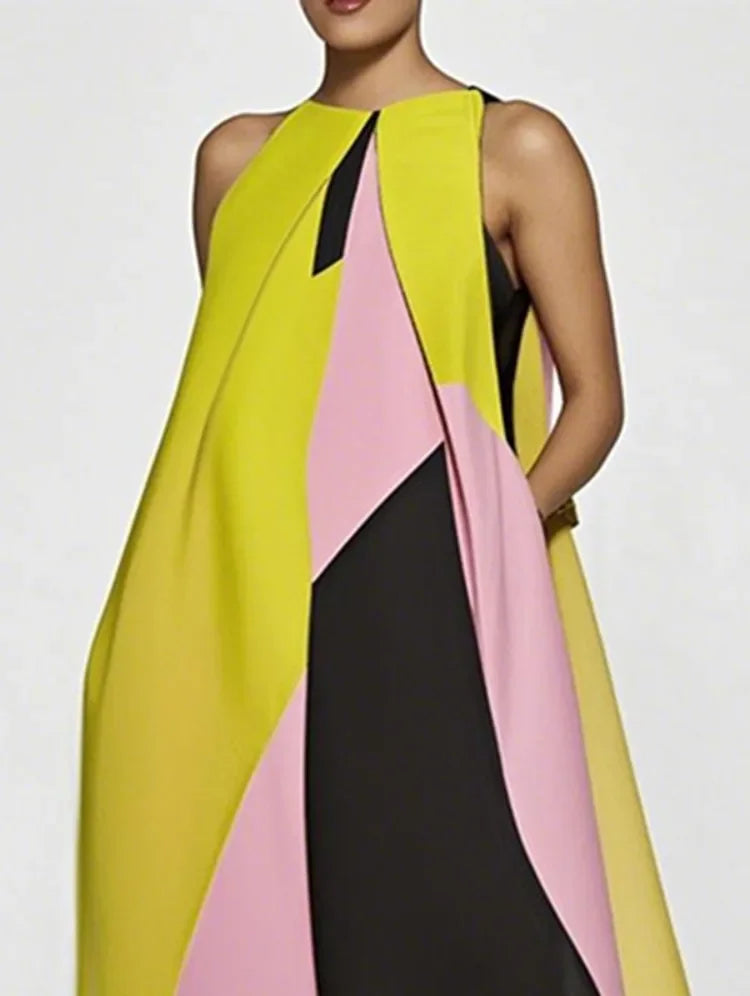 UOOZEE Women's Fashion Color-Block Printed Party Evening Maxi Dresses 2025 New Summer Sleeveless Vacation Pleated A-line Dress