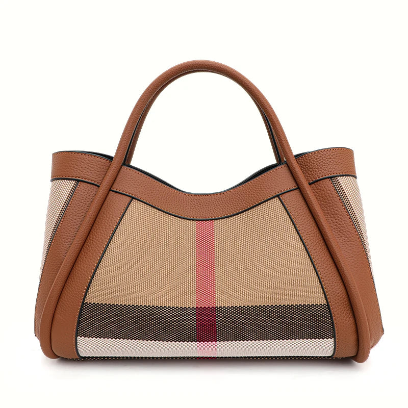 Retro Checkered Large Capacity Canvas And Leather Handbag for Women