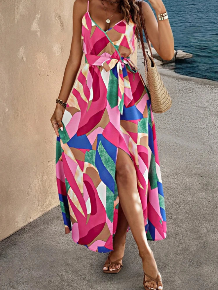 Women's casual sleeveless lace-up front print suspender top mini thin shoulder strap open-back dress