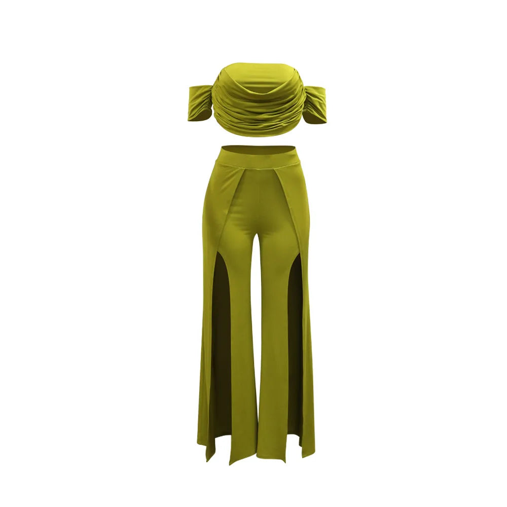 CM.YAYA Women's Set Short Sleeve Slash Neck Ruched Tops and Wide Leg split Pants 2024 Street Two 2 Piece Sets Outfit Tracksuits
