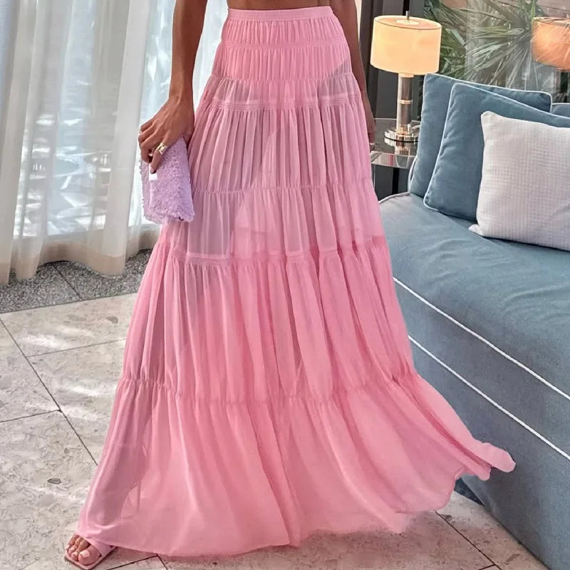 Female Casual O Neck Short Sleeved Top and Long Skirt Suit Fashion Pleated Party Outfits Pink Hollow Crop Holiday Two Piece Set