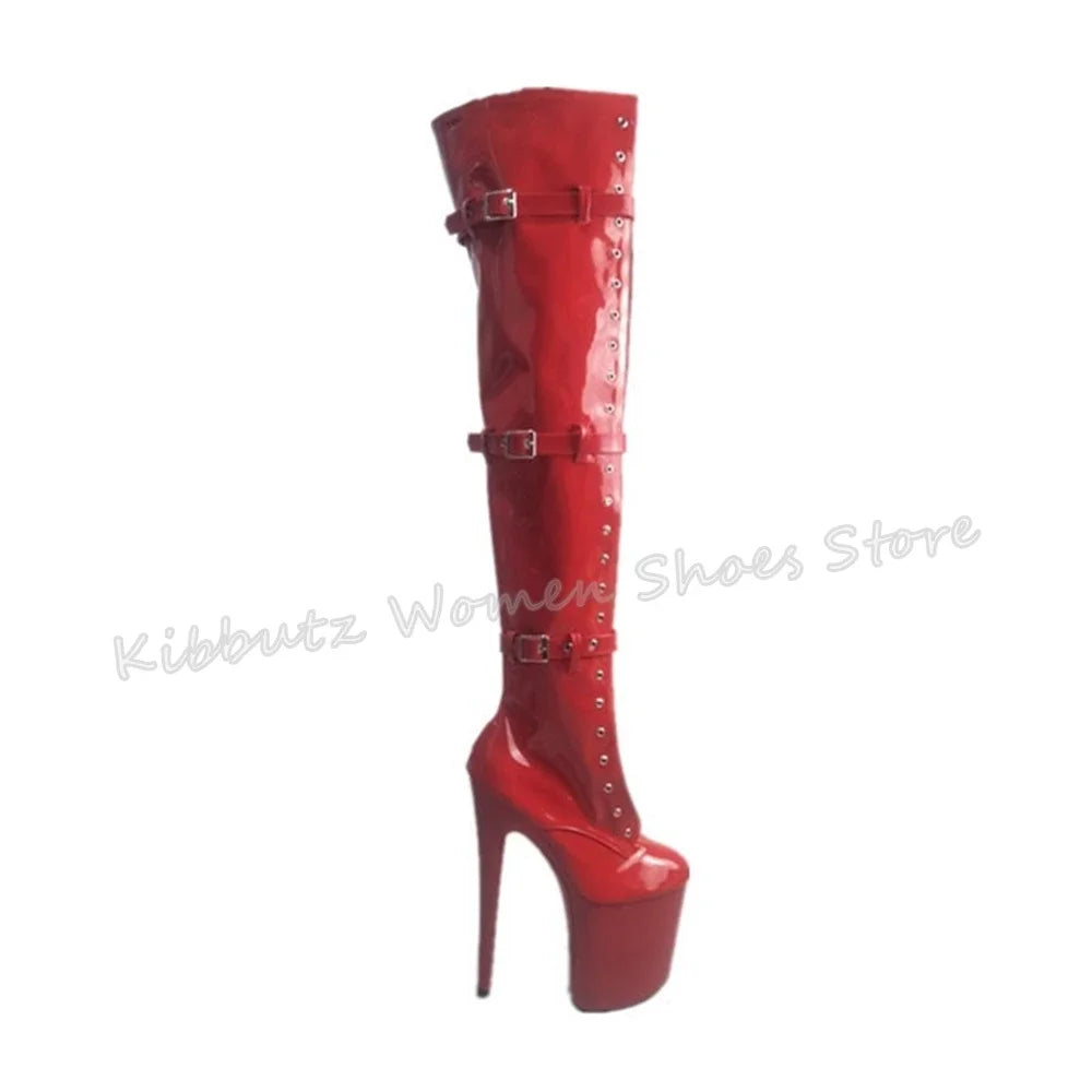 Belt Buckle Boots Over The Knee Platform Solid Color Lace-Up Thick Bottom Party Sexy Nightclub Fashion Patent Leather Shoes New