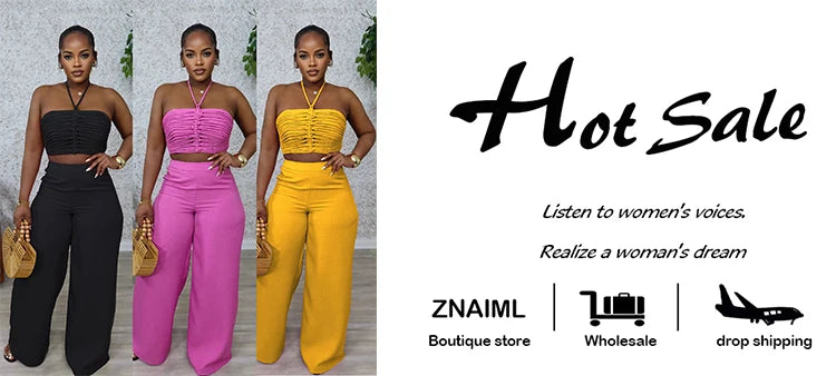 Znaiml Halter Sleeveless Ruched Crop Top and Wide Leg Pants 2 Piece Sets Woman Summer Sexy Beach Paarty Night Club Outfit 2025