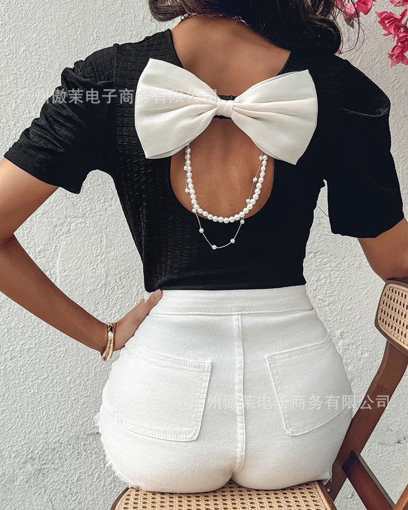 Effortless Bowknot Pearl Strap Knit Casual Tee for Women