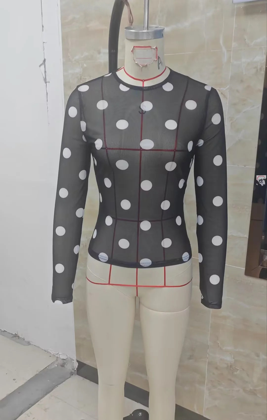 Y2K Polka Dot Sheer Mesh Long Sleeve Top for Women