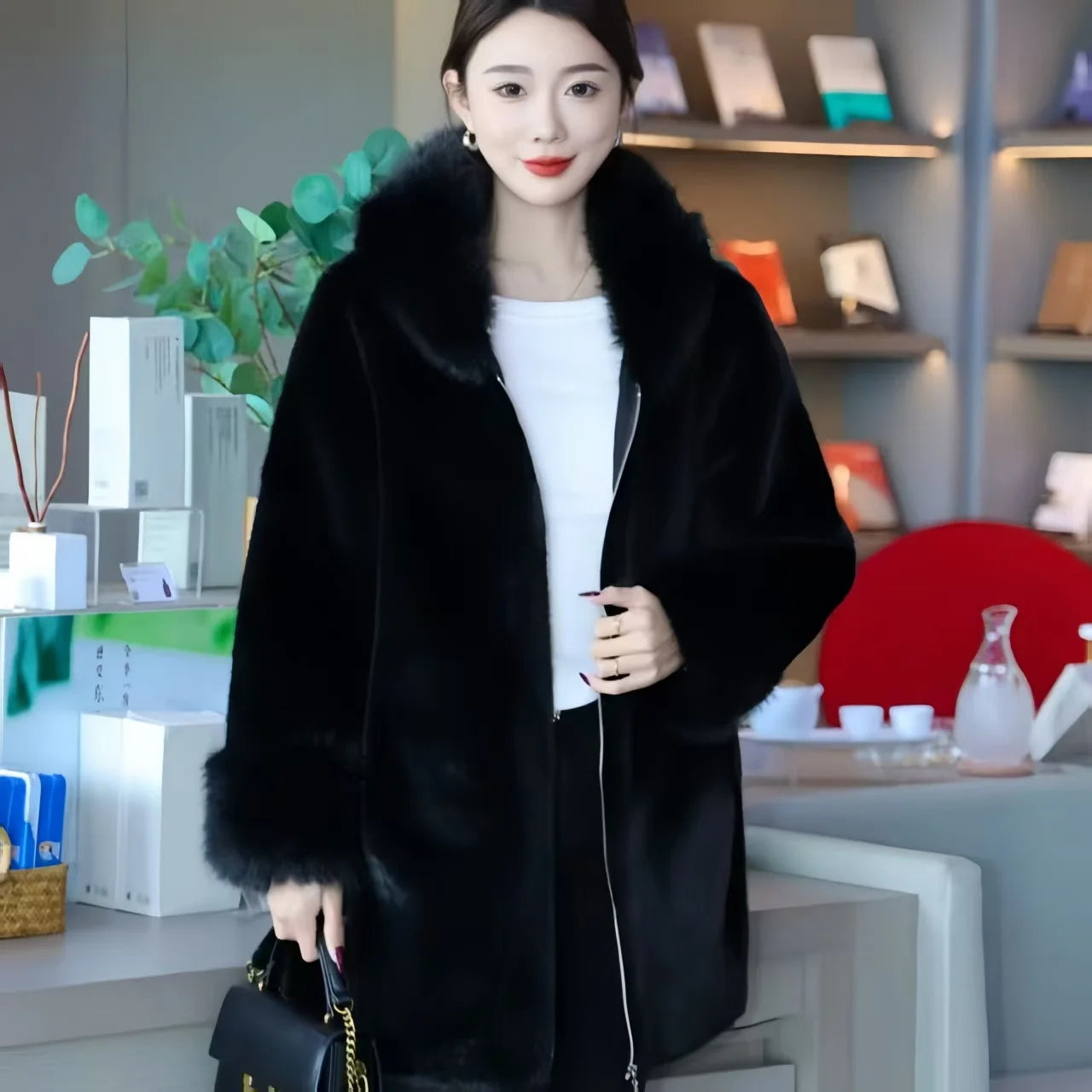 Faux Mink Fur Coat for Women,Zippers Jacket,Female Clothes,Fur Collar,Thick Warm,Autumn and Winter,2025
