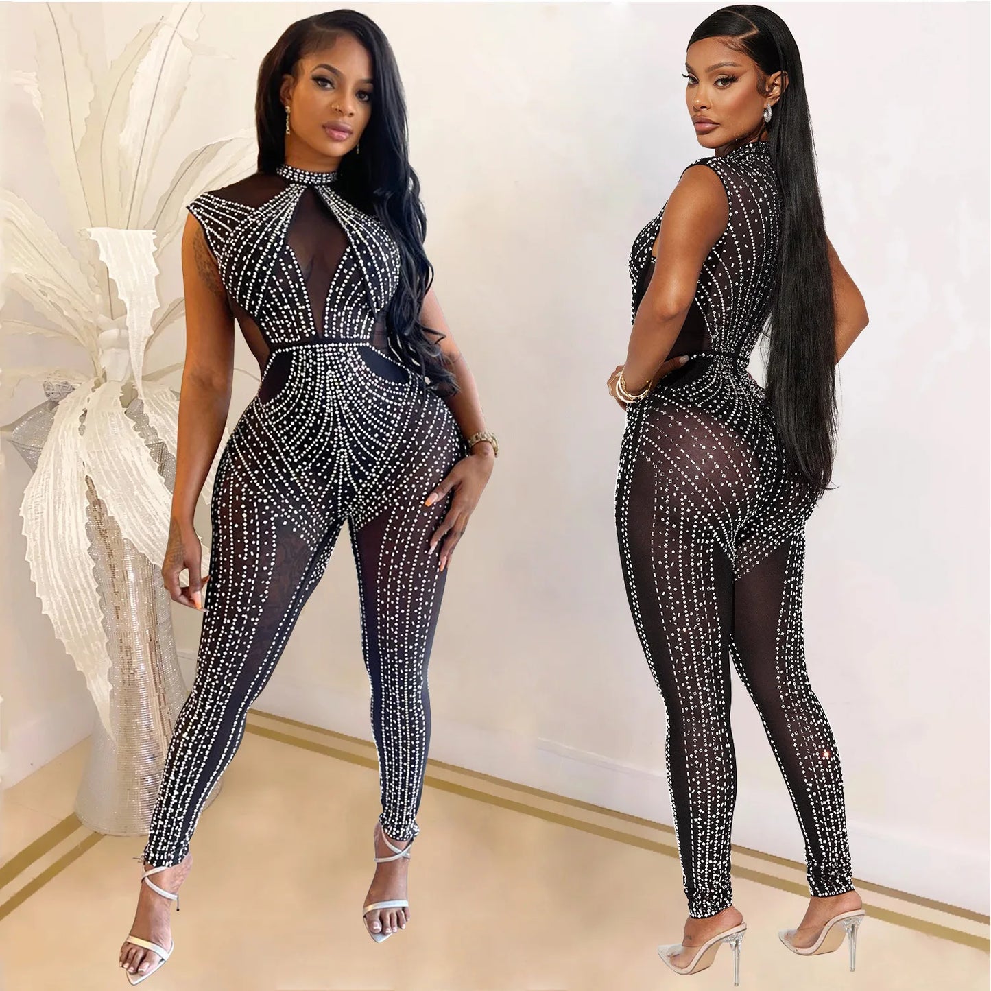 CM.YAYA 2024 Spring/Summer Women Fashion Rhinestone Mesh See Through Sleeveless Jumpsuits Sexy Party Club One Piece Suit Outfits