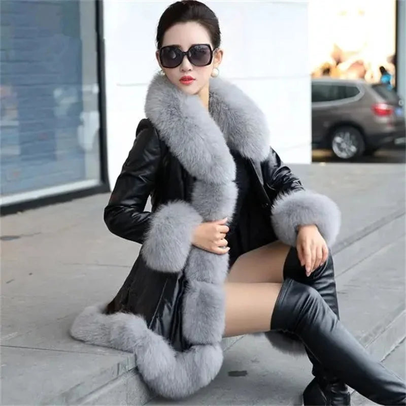 Size 6XL Women's Clothing Autumn Winter Imitation Fox Fur Big Fur Collar Thick Warm Female's Leather Jacket Slim Fur Coat