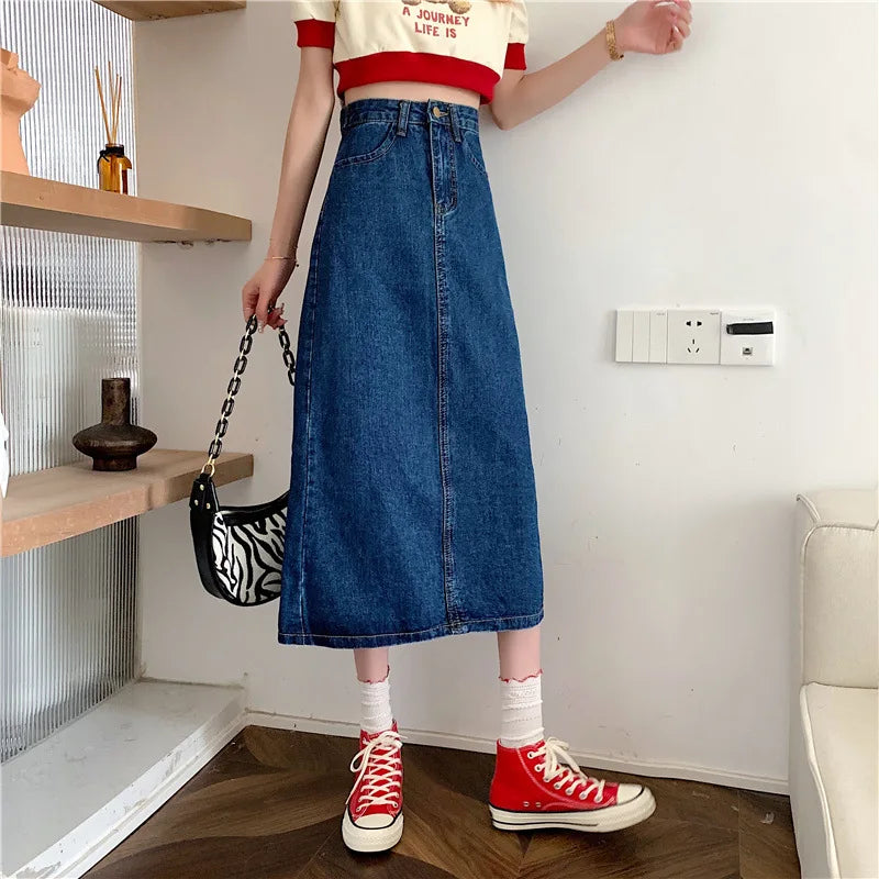 New 2022 Spring-Autumn Medium-Length Denim Skirt For Women High-Waisted Slimming Plus Size Curvy Girls A- Line Hip Covering Skir