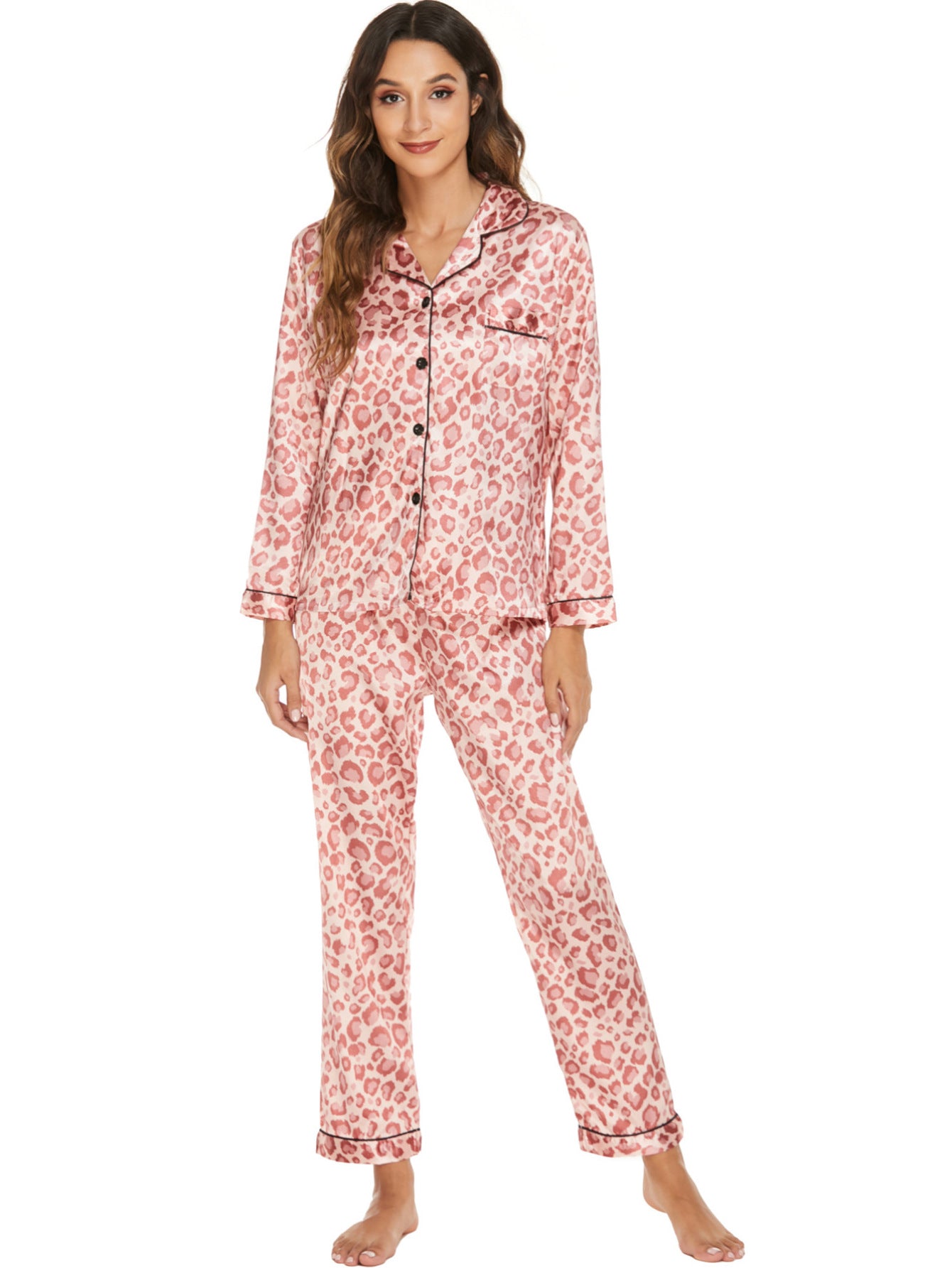 Women 2 Pieces Satin Pajamas Set Spring Autumn Long Sleeve Button Up Shirt and Casual Loose Elastic Pants Sleepwear Loungewear