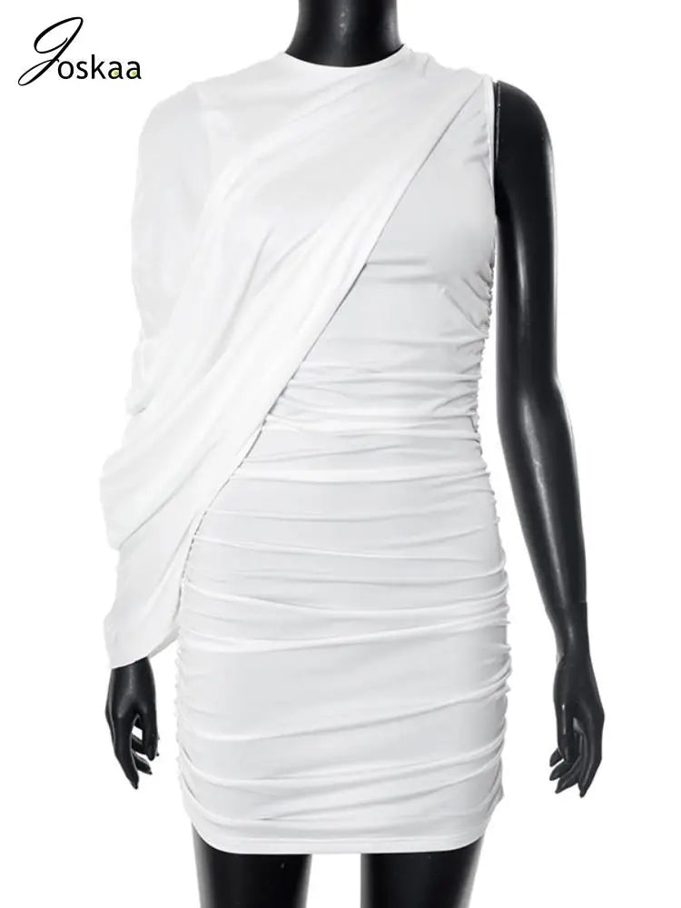 Joskaa Elegant Pleated O-Neck Asymmetric Single Sleeve Body-Shaping Mini Dresses for Women 2025 Summer Holiday Party Clubwear