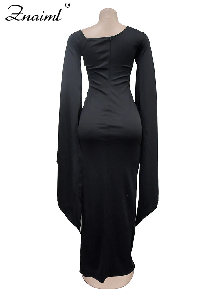 Znaiml Elegant Flare Sleeve Celebrity Nightclub Maxi Long Dresses for Women Sexy High Split Evening Party Prom Birthday Vestidos