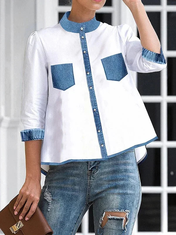 Beautyblue Pockets Shirts Women's High-Low Blouses 2025 New Summer Buttoned A-line Mock Neck Loose Casual Female T-shirts Tops
